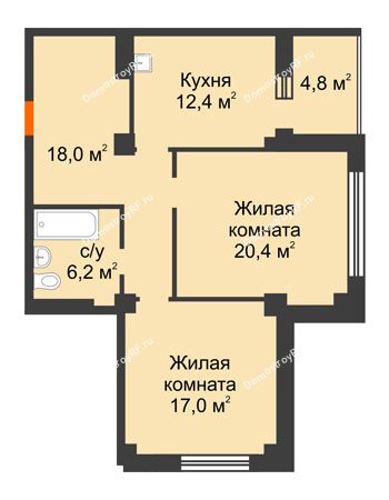 2 комнатная квартира 77,3 м² в ЖК Перья, дом № 1, 4 этап