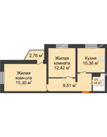 2 комнатная квартира 54,36 м² в ЖК Корабли, дом № 9-1