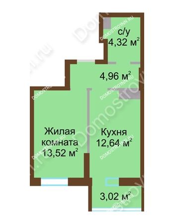 1 комнатная квартира 38,46 м² в ЖК Красная поляна, дом № 8