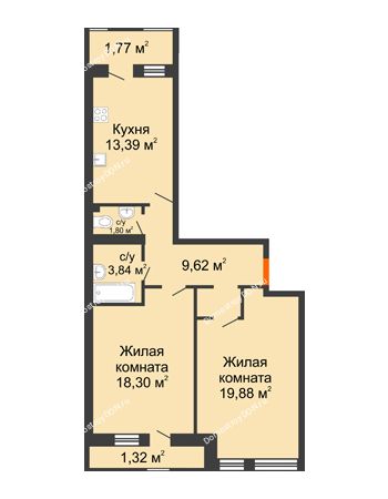 2 комнатная квартира 69,82 м² в ЖК Ярд, дом Блок 4