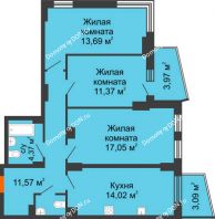 3 комнатная квартира 76,17 м² в ЖК Город у реки, дом Литер 7 - планировка