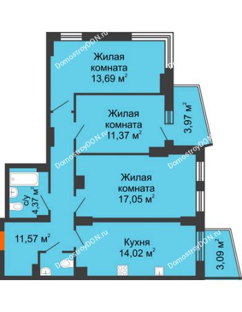 3 комнатная квартира 76,17 м² в ЖК Город у реки, дом Литер 7