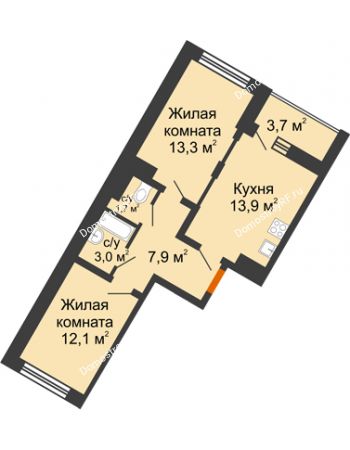 2 комнатная квартира 51,9 м² в ЖК Грани, дом Литер 5